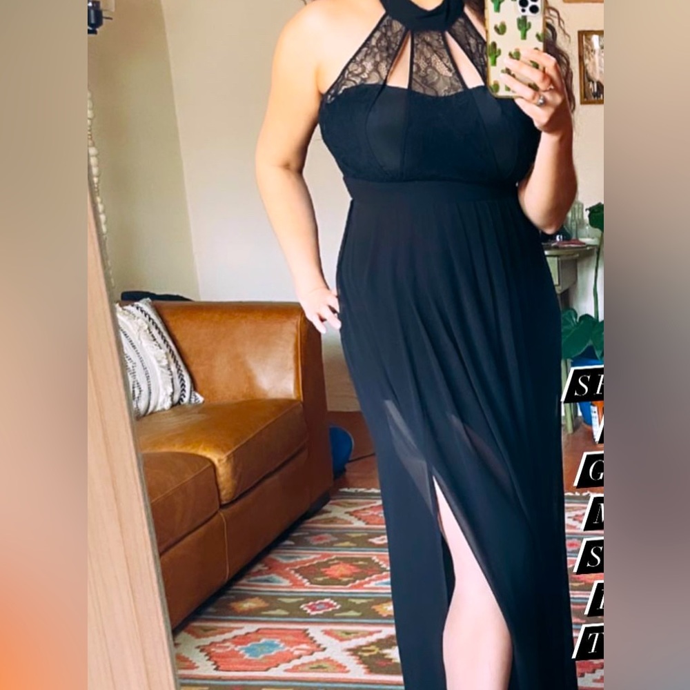 Black BCBG long high slit dress.